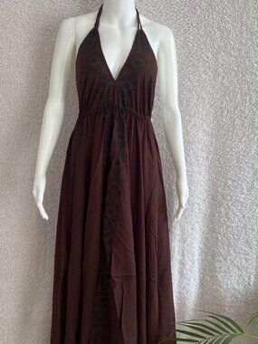 Thearah Brown Cotton Linen Halter Maxi Dress, Gold Geometric Trim